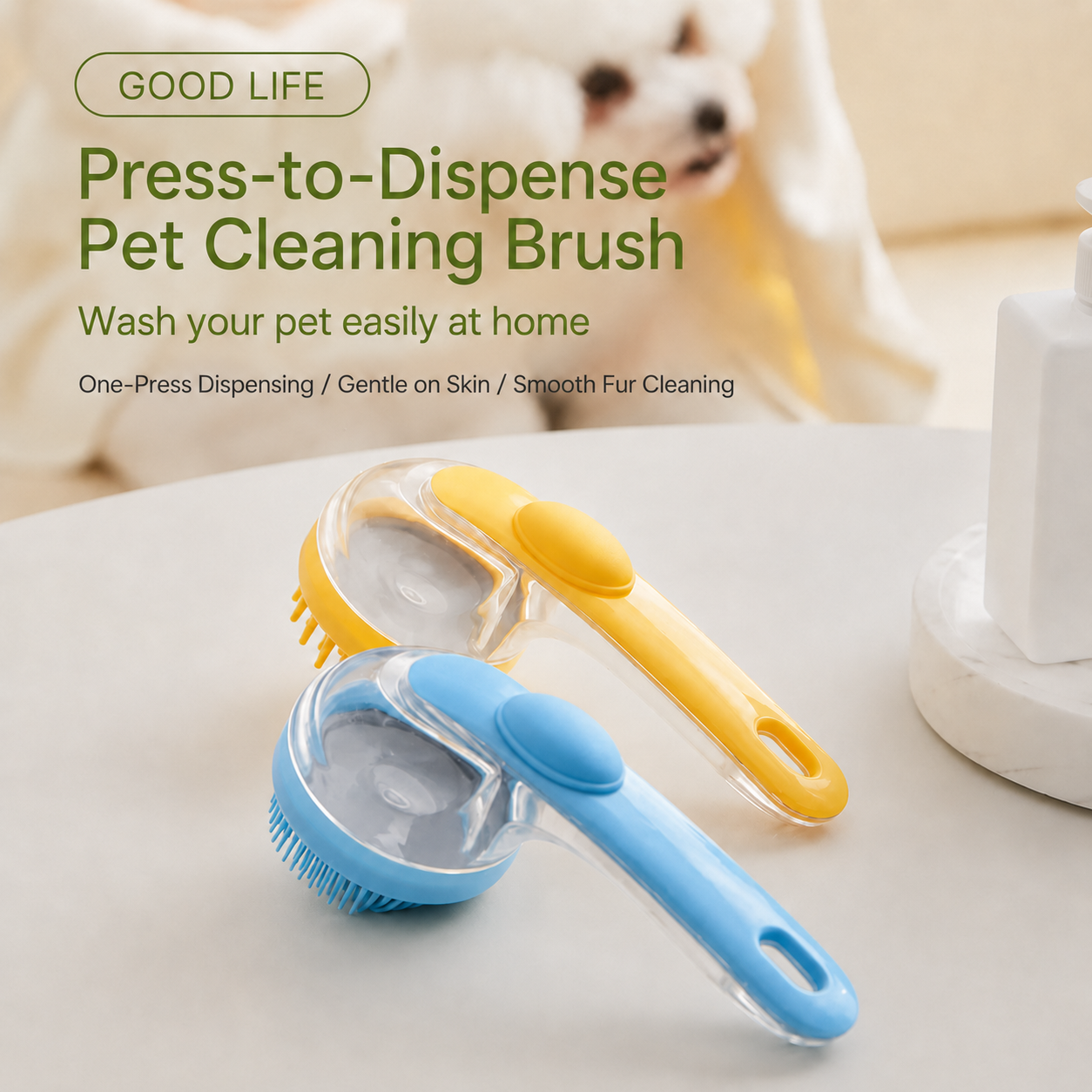 2-in-1 Pet Bath Brush with Soap Dispenser for Dogs & Cats