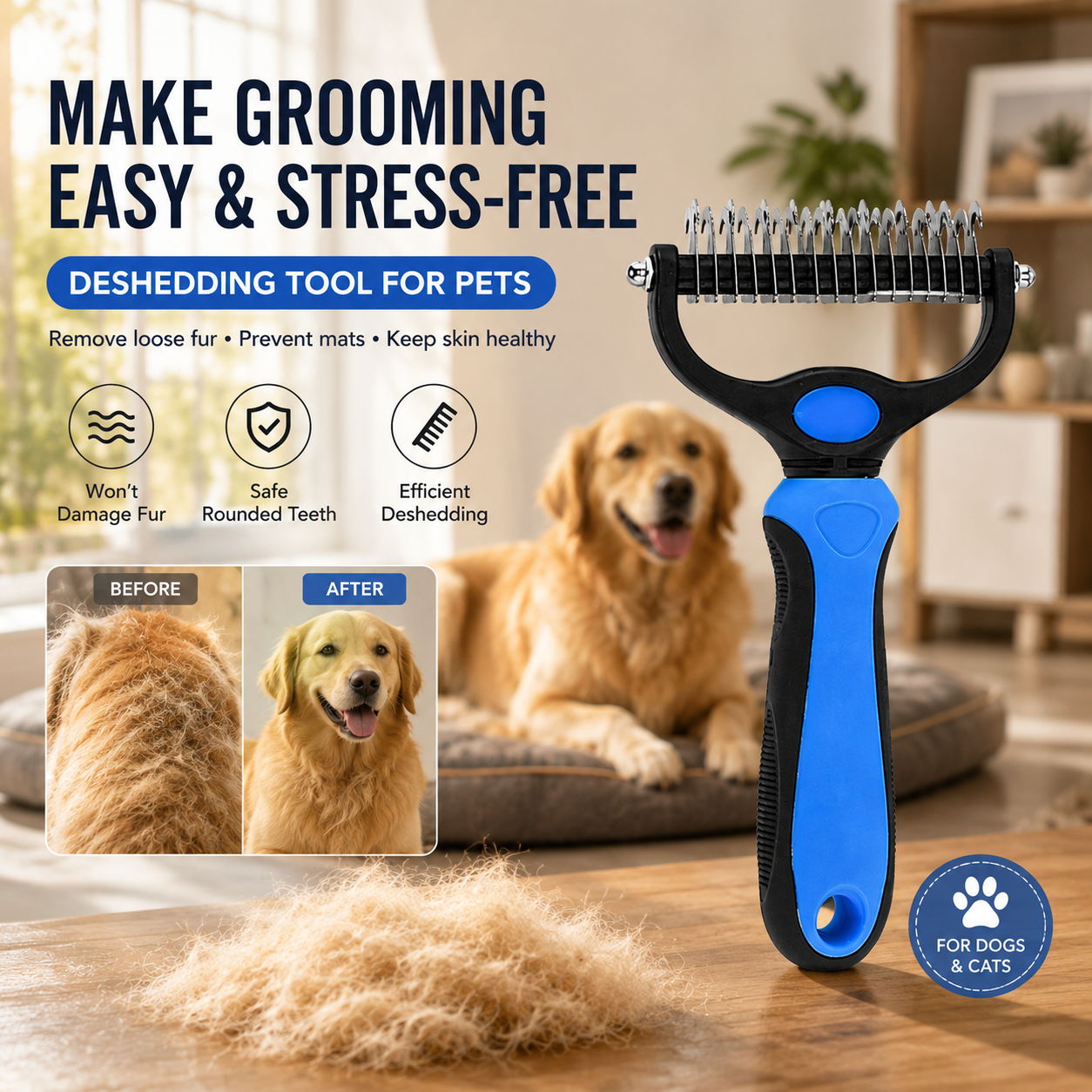 Double-Sided Pet Grooming Rake for Dogs & Cats, Gentle Deshedding Comb for Long Hair, Loose Fur & Light Tangles