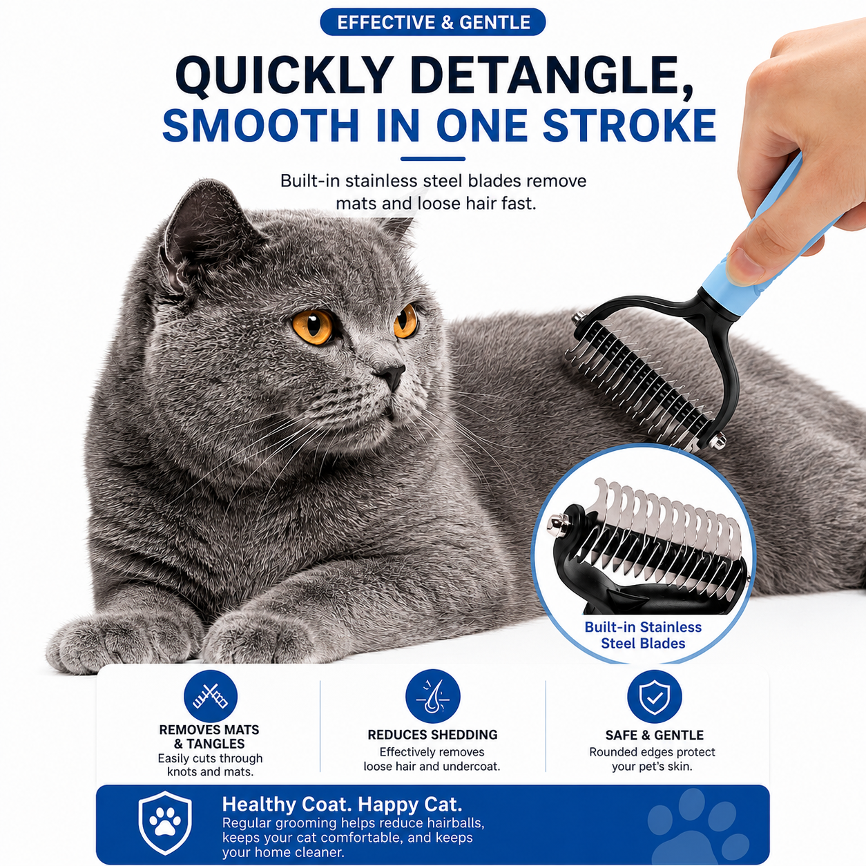 Double-Sided Pet Grooming Rake for Dogs & Cats, Gentle Deshedding Comb for Long Hair, Loose Fur & Light Tangles