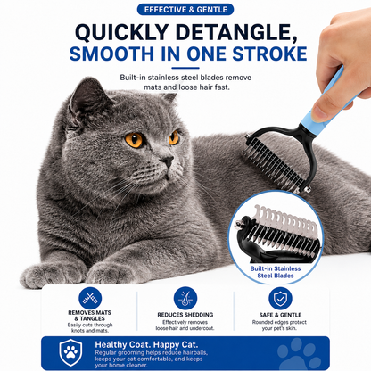 Double-Sided Pet Grooming Rake for Dogs & Cats, Gentle Deshedding Comb for Long Hair, Loose Fur & Light Tangles