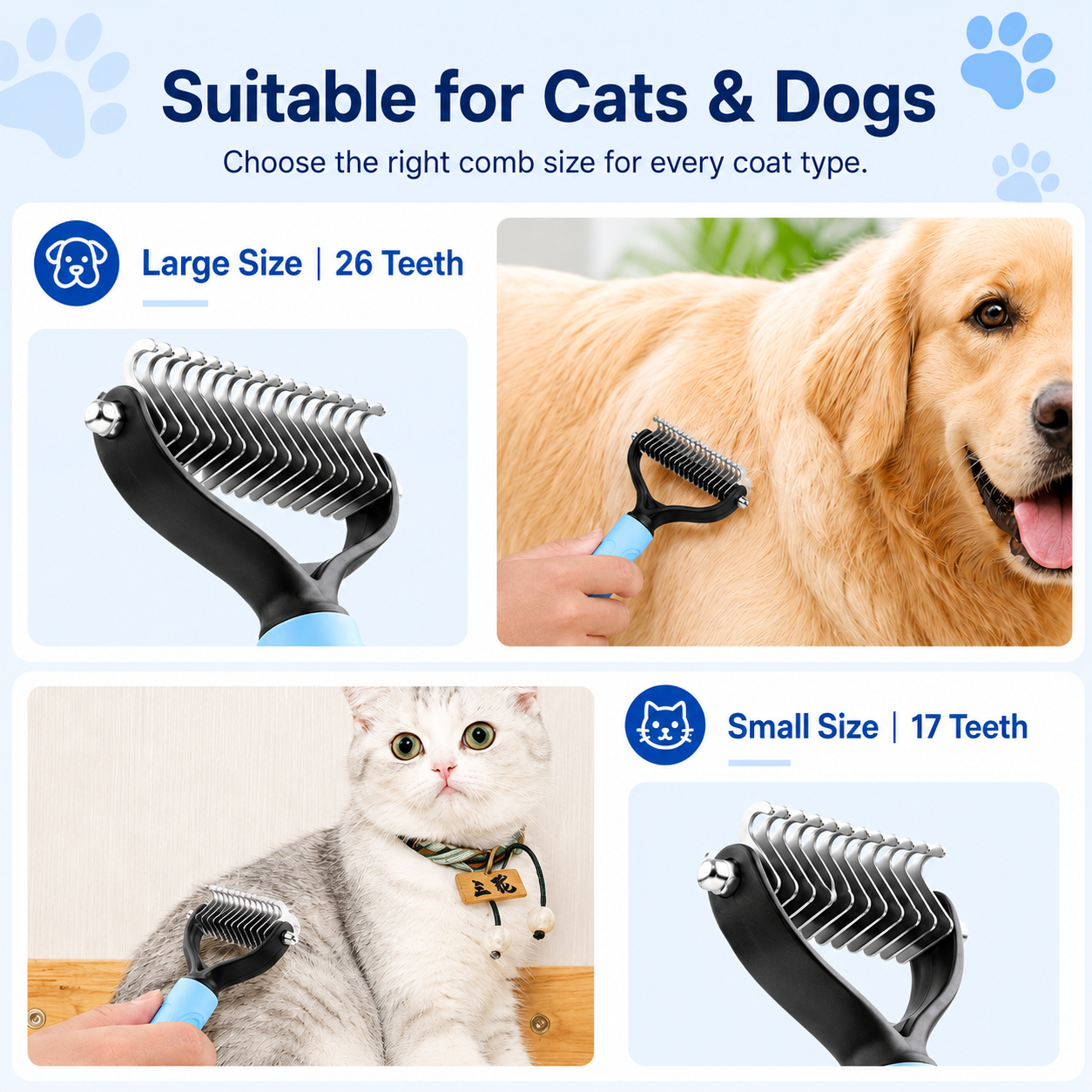 Double-Sided Pet Grooming Rake for Dogs & Cats, Gentle Deshedding Comb for Long Hair, Loose Fur & Light Tangles