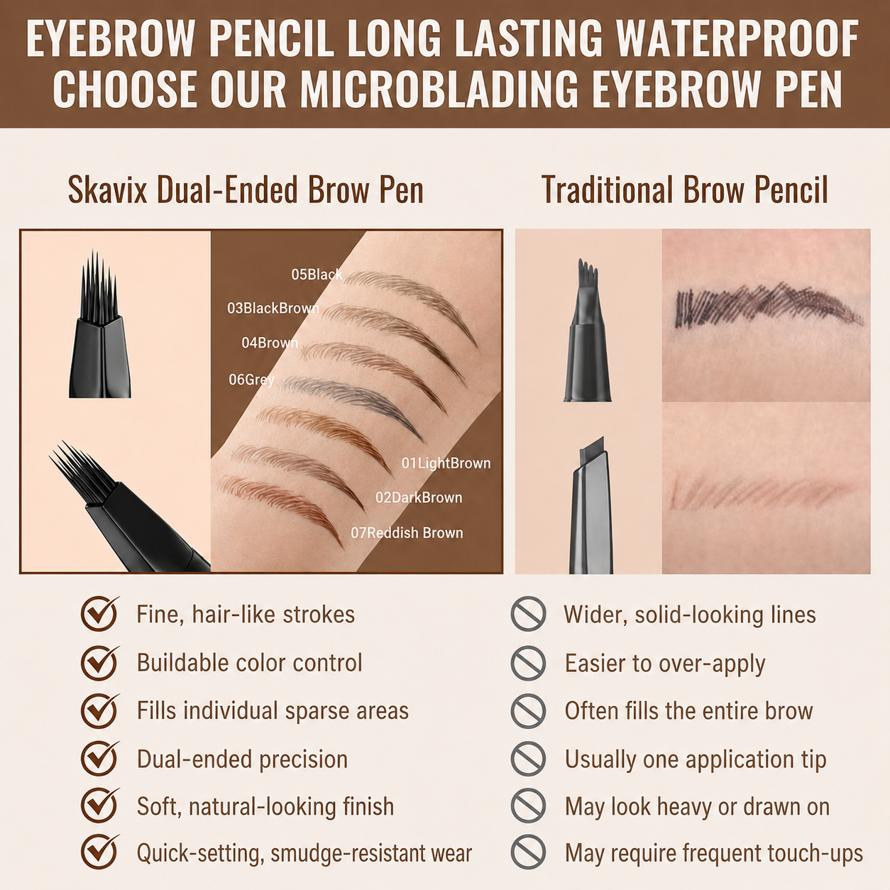 Skavix 2-in-1 Waterproof Microblading Brow Pen – Natural Hair-Like Strokes & All-Day Wear