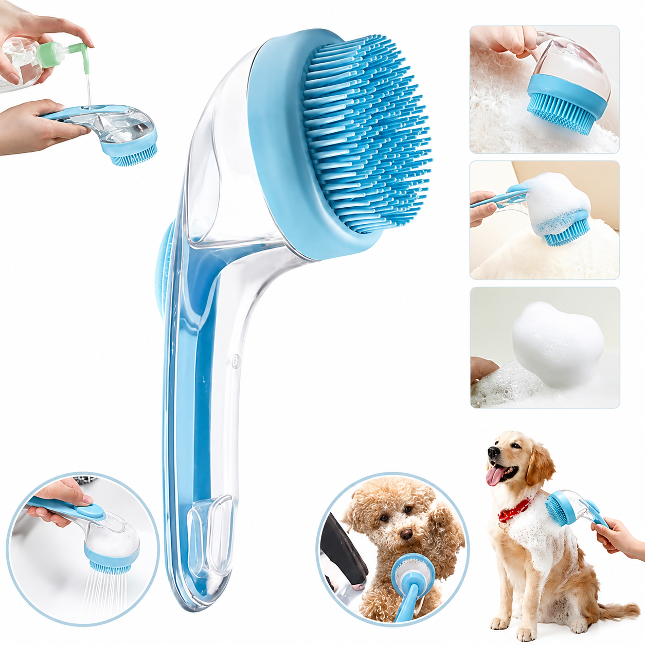 2-in-1 Pet Bath Brush with Soap Dispenser for Dogs & Cats